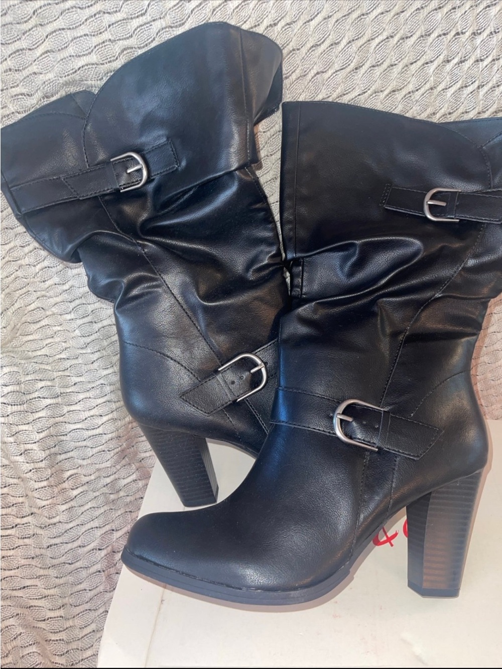 Style & Co. Black Slouchy Mid-Calf Buckle Heel Boots